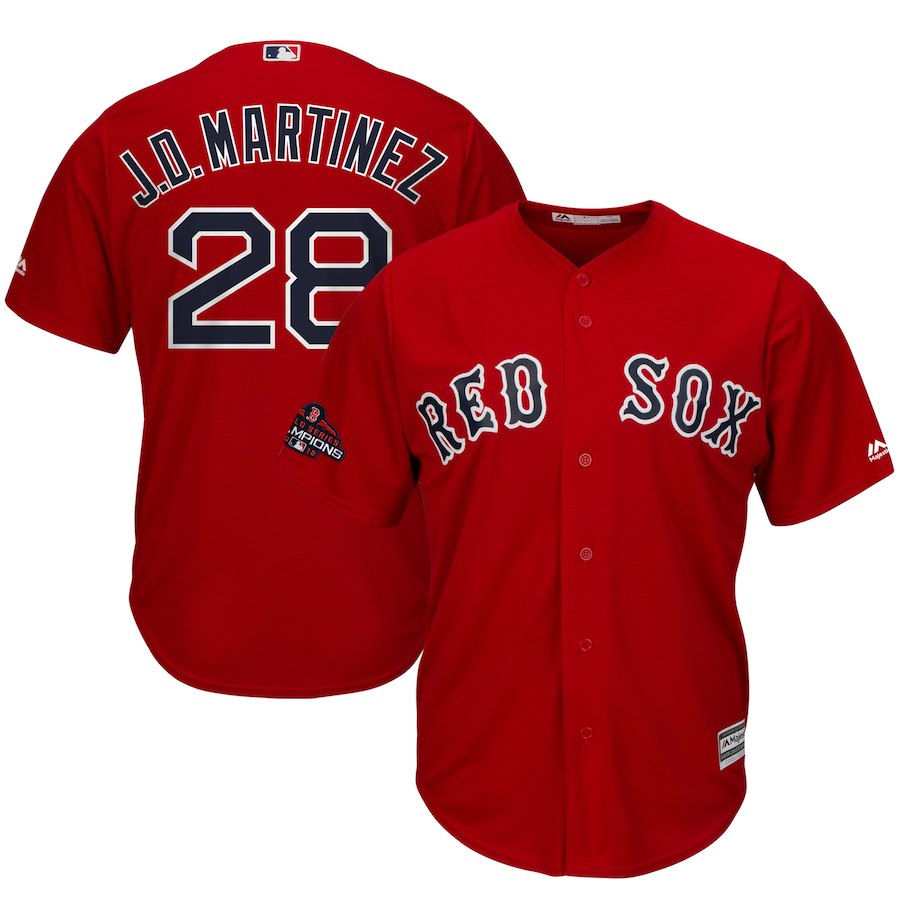 Men's Boston Red Sox #28 J.D. Martinez Majestic Scarlet 2018 World Series Champions Team Logo Player Stitched MLB Jersey