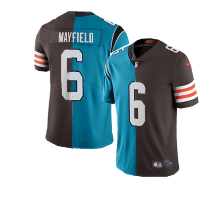 Men's Carolina Panthers & Cleveland Browns #6 Baker Mayfield Splite Blue&Brown Vapor Untouchable Limited Stitched Jersey Men's Carolina Panthers & Cleveland Browns #6 Baker Mayfield Splite Blue&Brown Vapor Untouchable Limited Stitched Jersey