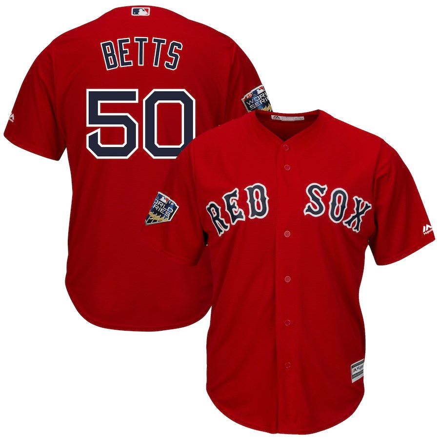 Men's Boston Red Sox #28 J.D. Martinez Majestic Scarlet 2018 World Series Champions Team Logo Player Stitched MLB Jersey