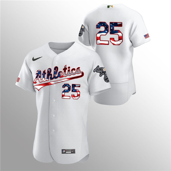 Men's Oakland Athletics #25 Stephen Piscotty White 2020 Stars & Stripes Flex Base Stitched Jersey