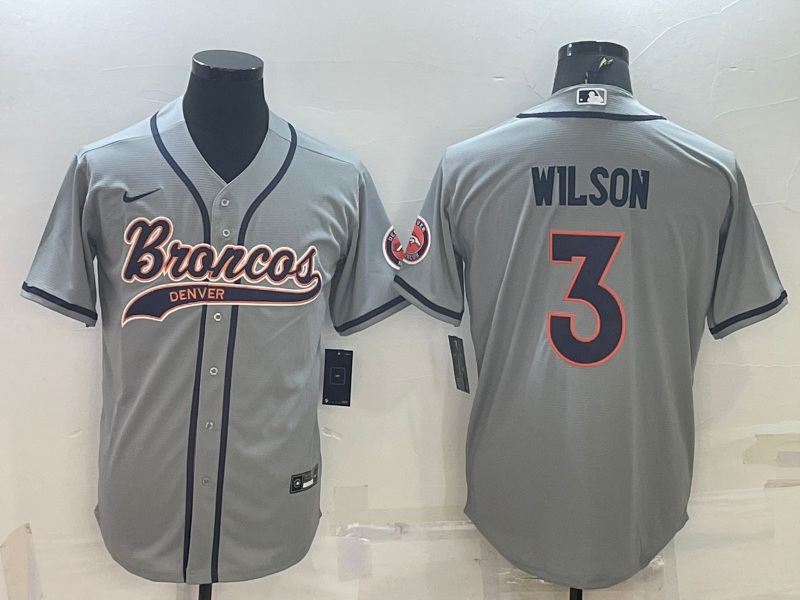 Men's Denver Broncos #3 Russell Wilson Grey With Patch Cool Base Stitched Baseball Jersey Men's Denver Broncos #3 Russell Wilson Grey With Patch Cool Base Stitched Baseball Jersey