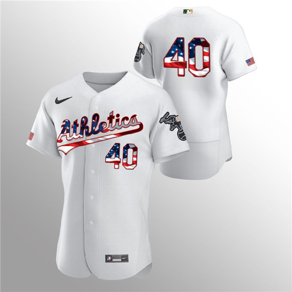 Men's Oakland Athletics #40 Chris Bassitt White 2020 Stars & Stripes Flex Base Stitched Jersey