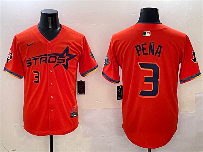 Men's Houston Astros #3 Jeremy Peña Orange 2025 City Connect With Texas Patch Limited Stitched Baseball Jersey Men's Houston Astros #3 Jeremy Peña Orange 2025 City Connect With Texas Patch Limited Stitched Baseball Jersey