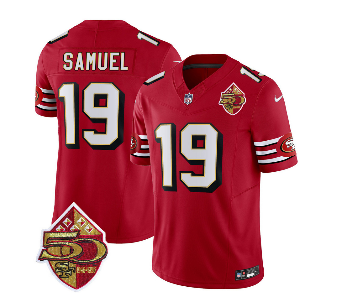 Men's San Francisco 49ers #19 Deebo Samuel Red 2023 F.U.S.E. 50th Patch Throwback Stitched Football Jersey