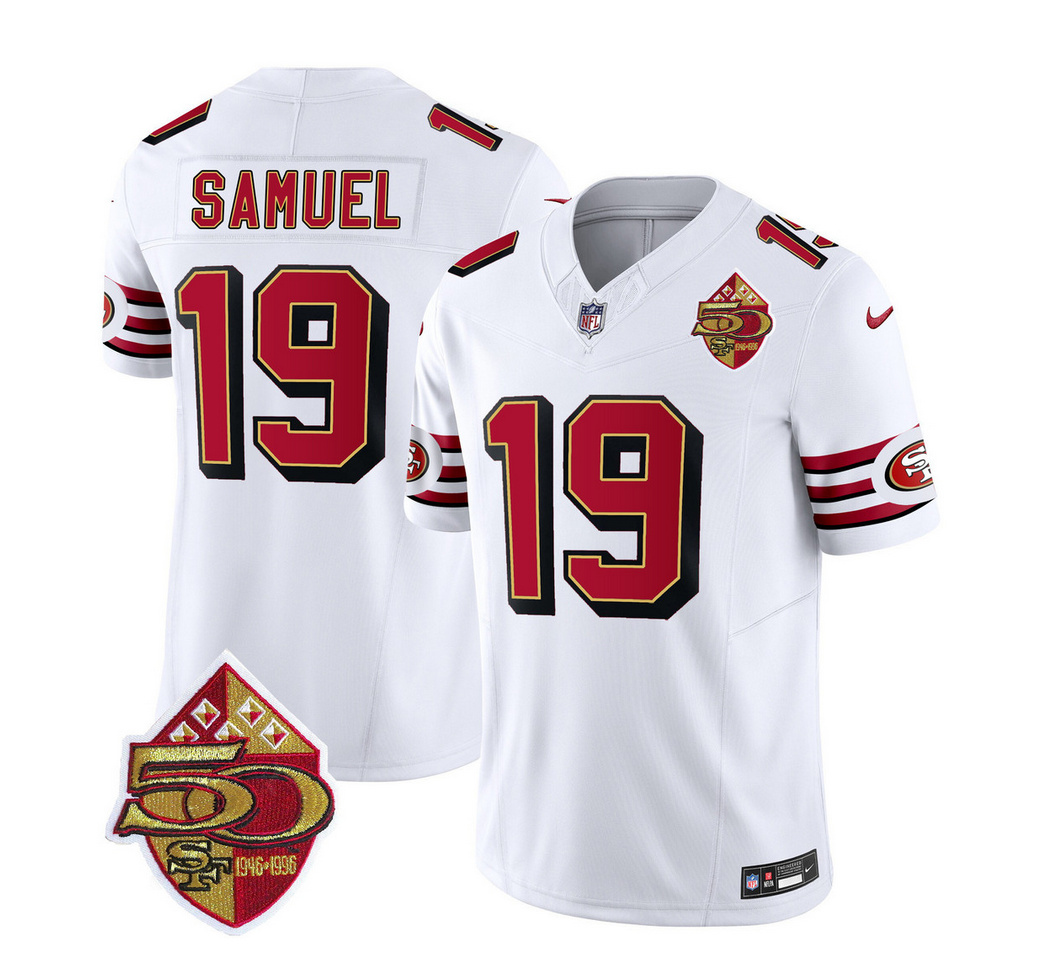 Men's San Francisco 49ers #19 Deebo Samuel White 2023 F.U.S.E. 50th Patch Throwback Stitched Football Jersey