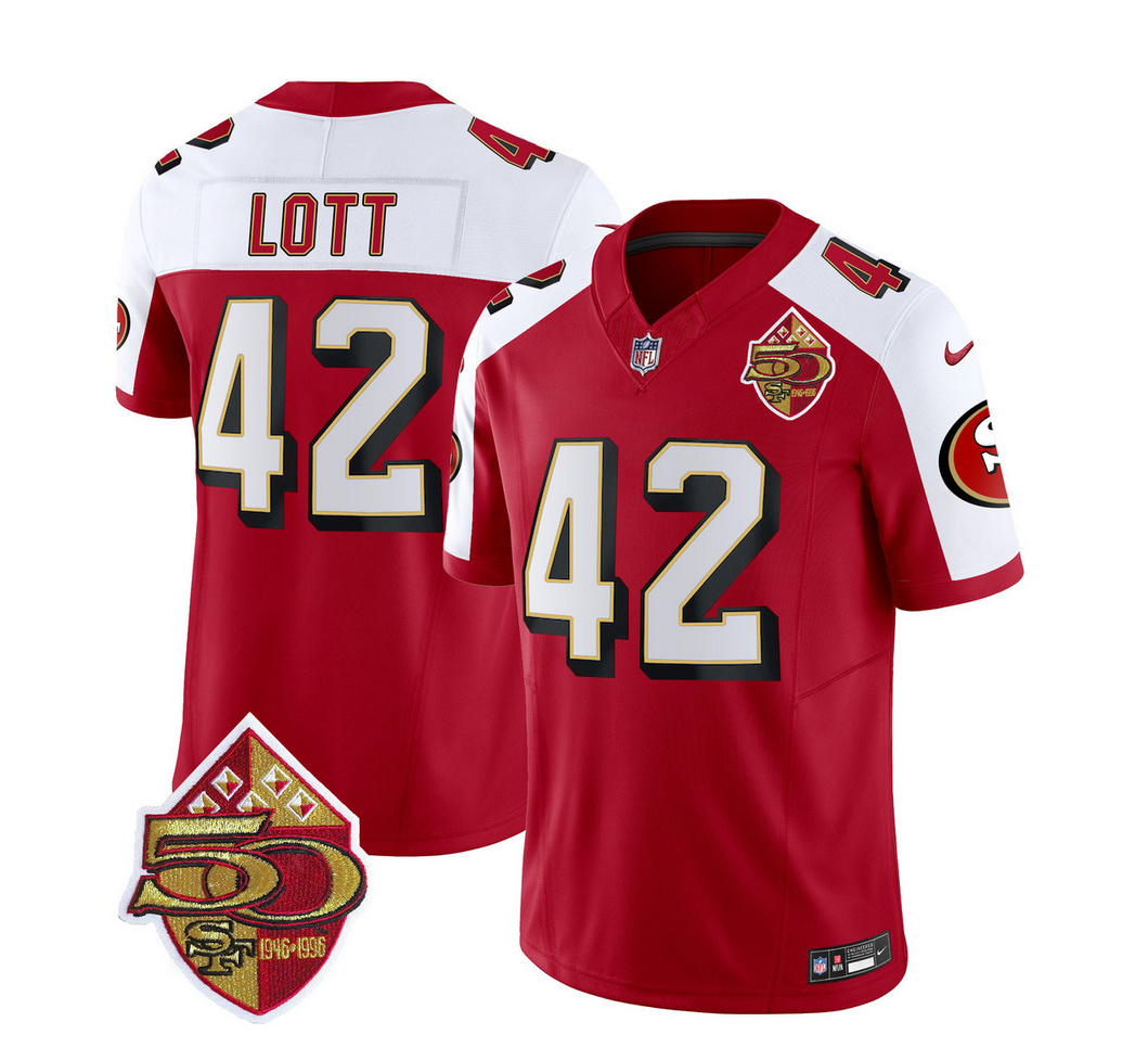 Men's San Francisco 49ers #42 Ronnie Lott Red/White 2023 F.U.S.E. 50th Patch Throwback Stitched Football Jersey