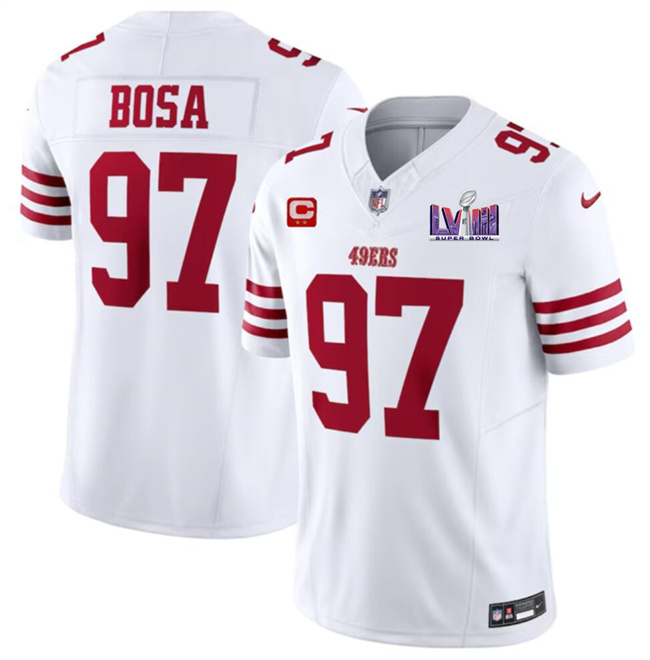 Men's San Francisco 49ers #97 Nick Bosa White F.U.S.E. Super Bowl LVIII Patch And 2-star C Patch Vapor Untouchable Limited Stitched Football Jersey