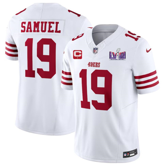 Men's San Francisco 49ers #19 Deebo Samuel White F.U.S.E. Super Bowl LVIII Patch And 1-star C Patch Vapor Untouchable Limited Stitched Football Jersey