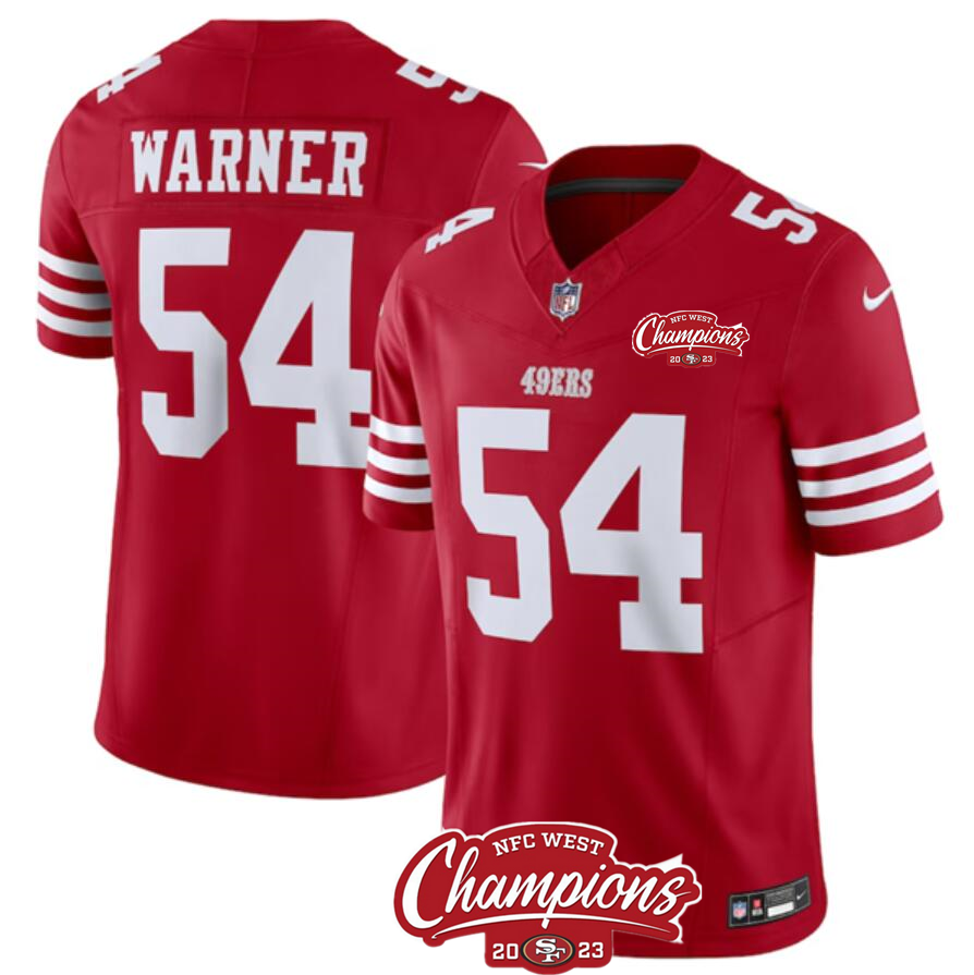Men's San Francisco 49ers #54 Fred Warner Red 2023 F.U.S.E. NFC West Champions Patch Stitched Football Jersey