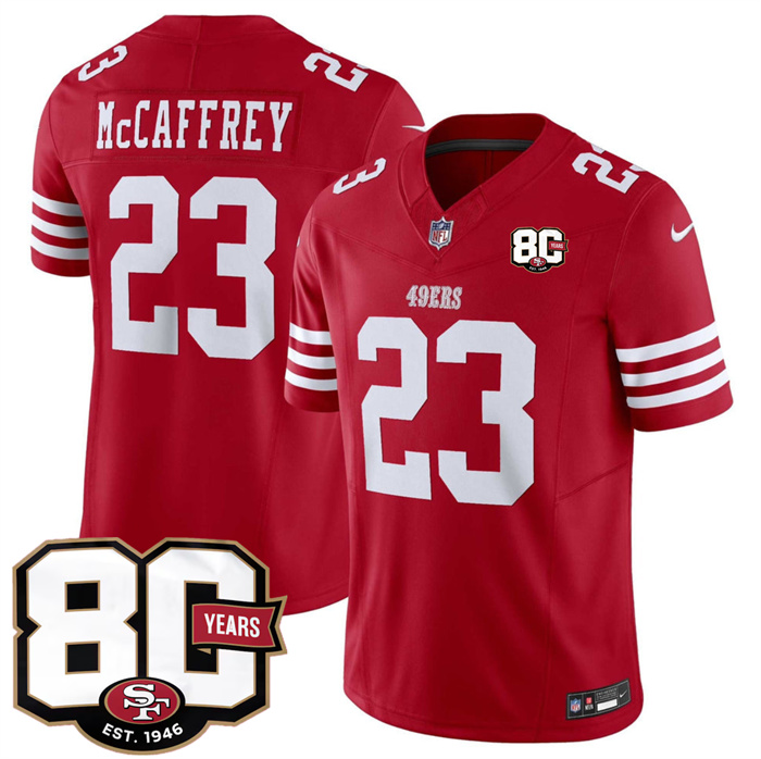 Men's San Francisco 49ers #23 Christian McCaffrey Red 80th Anniversary Patch 2026 F.U.S.E. Vapor Untouchable Limited Stitched Football Jersey Men's San Francisco 49ers #23 Christian McCaffrey Red 80th Anniversary Patch 2026 F.U.S.E. Vapor Untouchable Limited Stitched Football Jersey