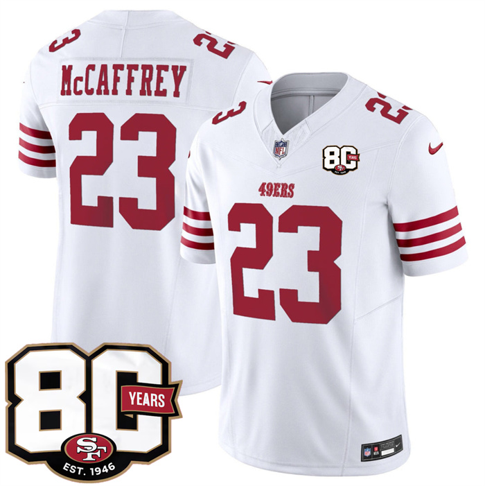 Men's San Francisco 49ers #23 Christian McCaffrey White 80th Anniversary Patch 2026 F.U.S.E. Vapor Untouchable Limited Stitched Football Jersey