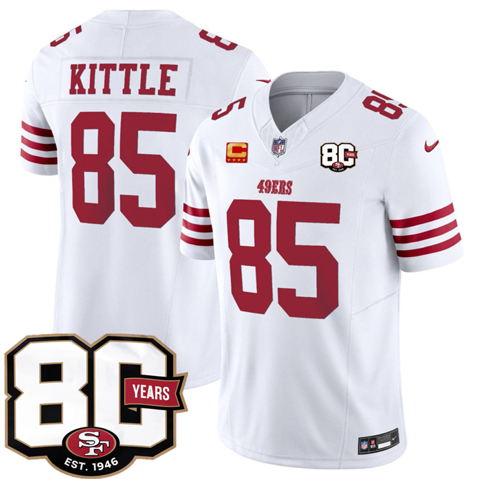 Men's San Francisco 49ers #85 George kittle White 80th Anniversary Patch And 4-Star C Patch 2026 F.U.S.E. Vapor Untouchable Limited Stitched Football Jersey Men's San Francisco 49ers #85 George kittle White 80th Anniversary Patch And 4-Star C Patch 2026 F.U.S.E. Vapor Untouchable Limited Stitched Football Jersey