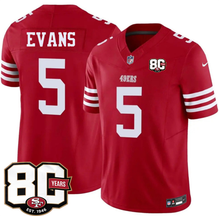 Men's San Francisco 49ers #5 Mike Evans Red 80th Anniversary Patch 2026 F.U.S.E. Vapor Untouchable Limited Stitched Football Jersey Men's San Francisco 49ers #5 Mike Evans Red 80th Anniversary Patch 2026 F.U.S.E. Vapor Untouchable Limited Stitched Football Jersey