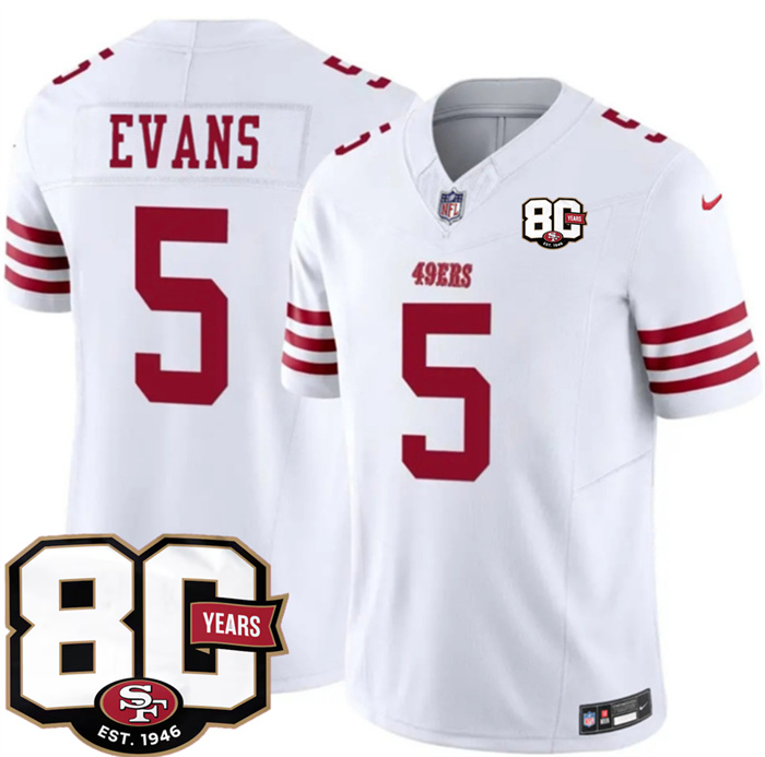 Men's San Francisco 49ers #5 Mike Evans White 80th Anniversary Patch 2026 F.U.S.E. Vapor Untouchable Limited Stitched Football Jersey Men's San Francisco 49ers #5 Mike Evans White 80th Anniversary Patch 2026 F.U.S.E. Vapor Untouchable Limited Stitched Football Jersey