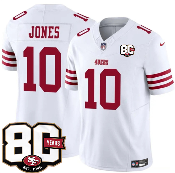 Men's San Francisco 49ers #10 Mac Jones White 80th Anniversary Patch 2026 F.U.S.E. Vapor Untouchabl2026 F.U.S.E. Vapor Untouchable Limited Stitched Football Jersey