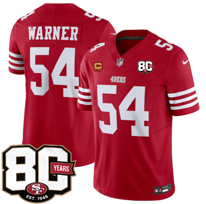 Men's San Francisco 49ers #54 Fred Warner Red 80th Anniversary Patch And 4-Star C Patch 2026 F.U.S.E. Vapor Untouchabl Limited Stitched Football Jersey