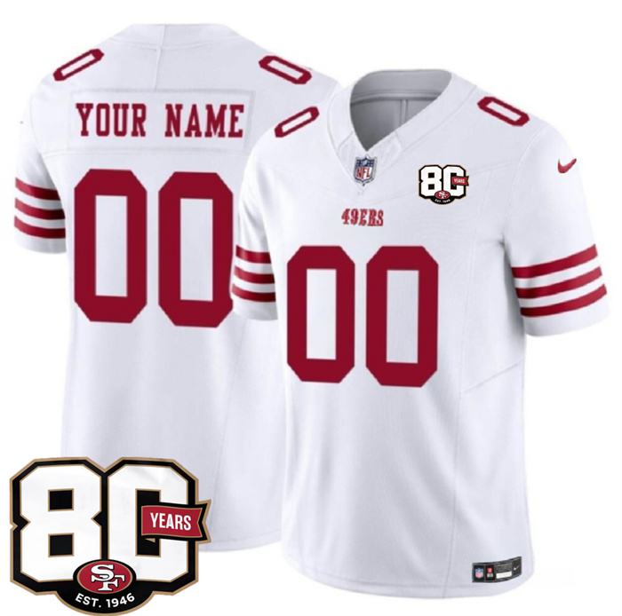 Men's San Francisco 49ers Active Player Custom White 80th Anniversary Patch 2026 F.U.S.E. Vapor Untouchabl2026 F.U.S.E. Vapor Untouchable Limited Stitched Football Jersey