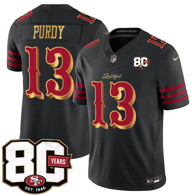 Men's San Francisco 49ers #13 Brock Purdy Black 80th Anniversary Patch “Rivalries” 2026 F.U.S.E. Vapor Untouchabl Limited Stitched Football Jersey