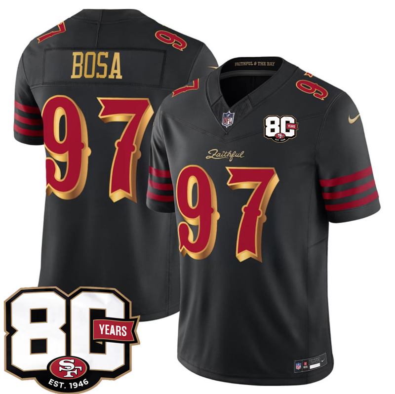 Men's San Francisco 49ers #97 Nick Bosa Black 80th Anniversary Patch “Rivalries” 2026 F.U.S.E. Vapor Untouchabl Limited Stitched Football Jersey Men's San Francisco 49ers #97 Nick Bosa Black 80th Anniversary Patch “Rivalries” 2026 F.U.S.E. Vapor Untouchabl Limited Stitched Football Jersey
