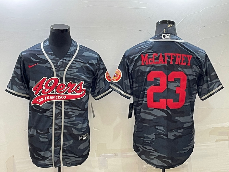 Men's San Francisco 49ers #23 Christian McCaffrey Grey Red Camo With Patch Cool Base Stitched Baseball Jersey