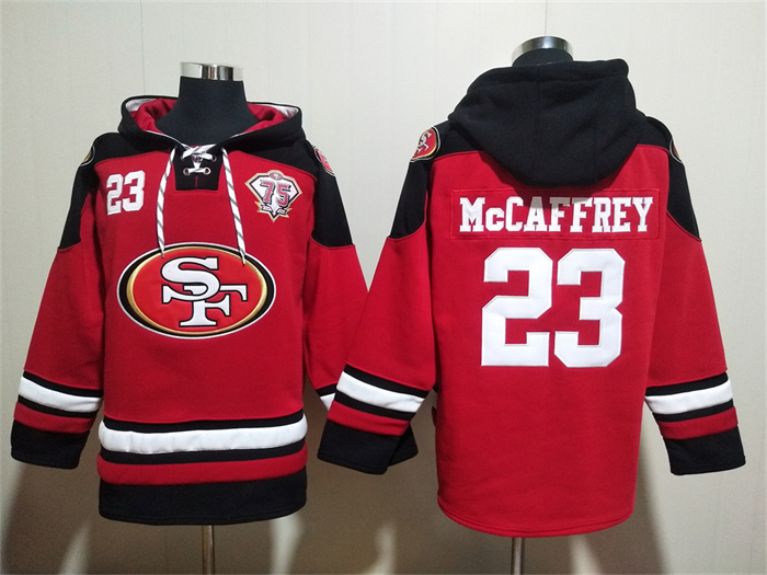 Men's San Francisco 49ers #23 Christian McCaffrey Red With 75th Anniverseray Patch Ageless Must-Have Lace-Up Pullover Men's San Francisco 49ers #23 Christian McCaffrey Red With 75th Anniverseray Patch Ageless Must-Have Lace-Up Pullover
