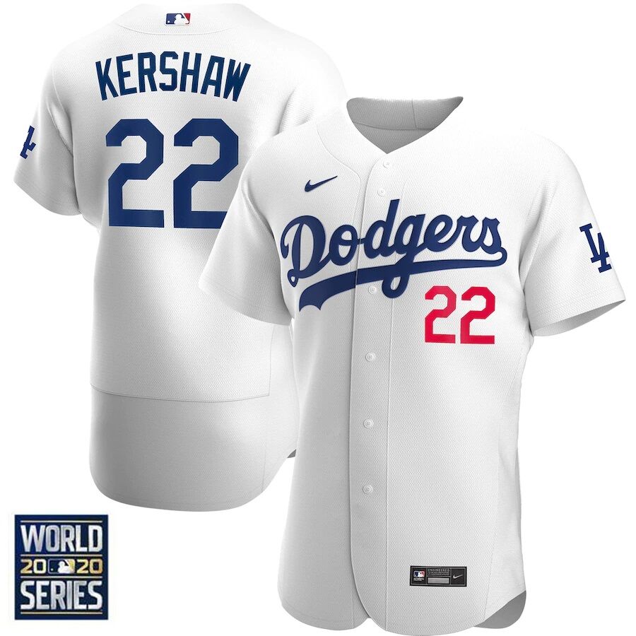 Men's Los Angeles Dodgers #22 Clayton Kershaw White 2020 World Series Bound stitched MLB Jersey