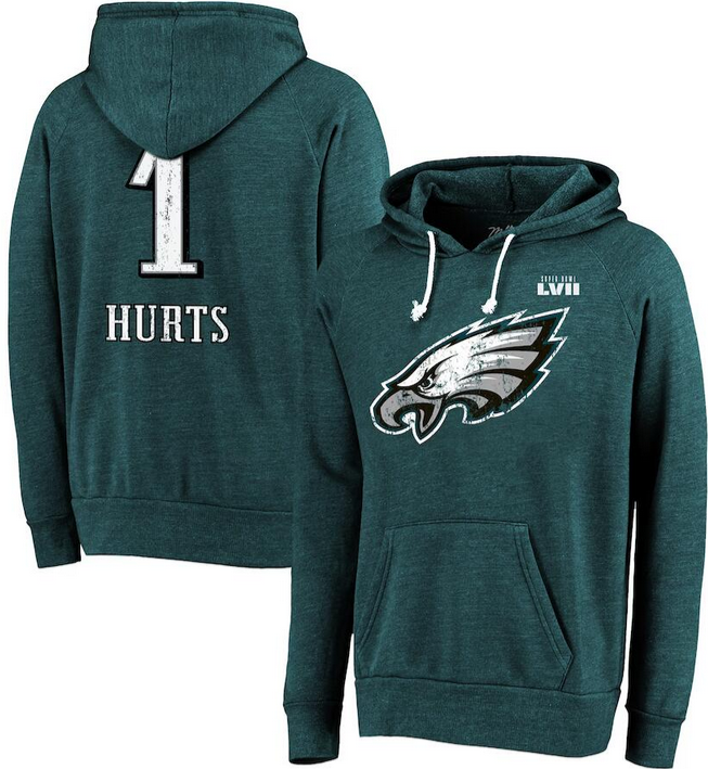 Men's Philadelphia Eagles #1 Jalen Hurts Midnight Green Super Bowl LVII Name & Number Pullover Hoodie Men's Philadelphia Eagles #1 Jalen Hurts Midnight Green Super Bowl LVII Name & Number Pullover Hoodie