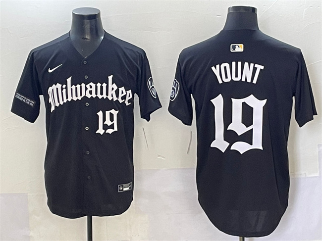 Men's Milwaukee Brewers #19 Robin Yount Black 'Gothic 414 Shadows Edition' Vapor Premier Limited Stitched Jersey Men's Milwaukee Brewers #19 Robin Yount Black 'Gothic 414 Shadows Edition' Vapor Premier Limited Stitched Jersey