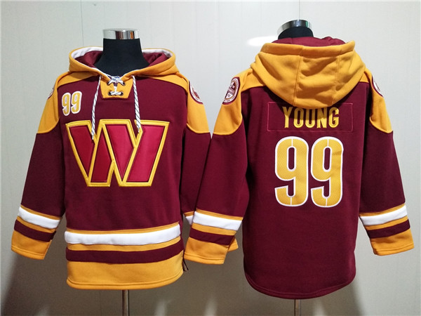 Men's Washington Commanders #99 Chase Young Burgundy Lace-Up Pullover Hoodie Men's Washington Commanders #99 Chase Young Burgundy Lace-Up Pullover Hoodie