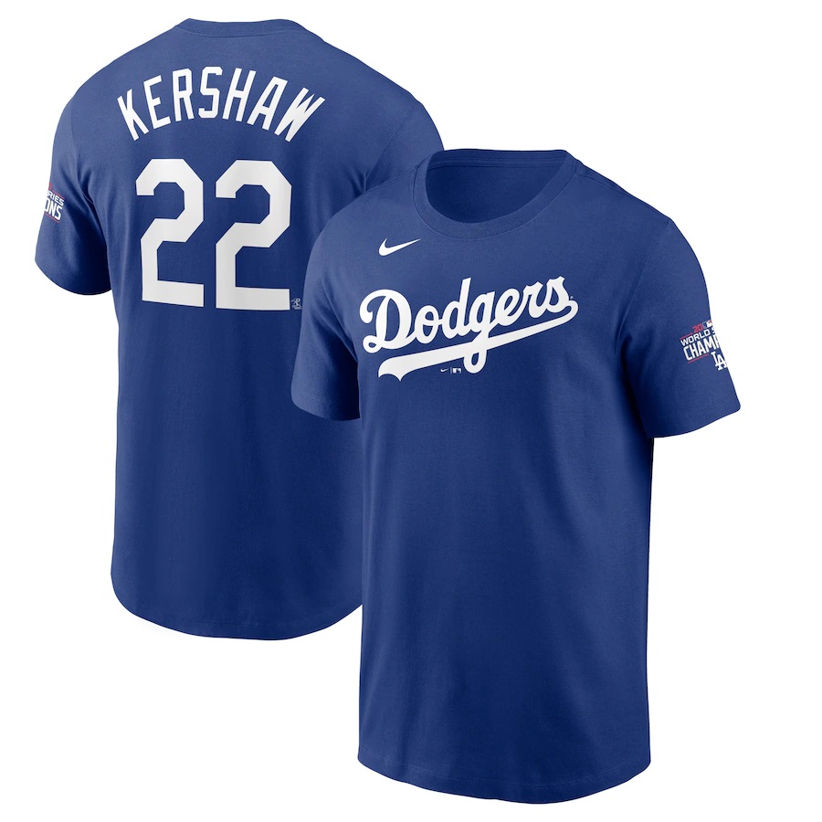 Men's Los Angeles Dodgers #22 Clayton Kershaw Blue 2020 World Series Champions T-Shirt