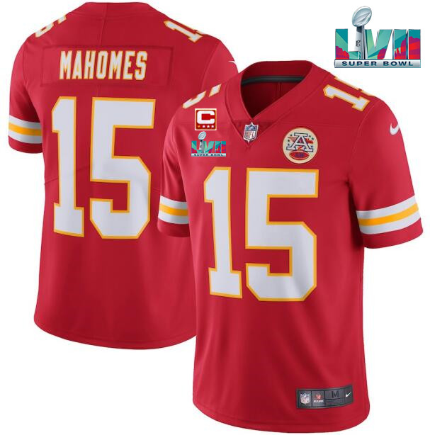 Men’s Kansas City Chiefs #15 Patrick Mahomes Red Super Bowl LVII Patch And 4-star C Patch Vapor Untouchable Limited Stitched Jersey Men’s Kansas City Chiefs #15 Patrick Mahomes Red Super Bowl LVII Patch And 4-star C Patch Vapor Untouchable Limited Stitched Jersey