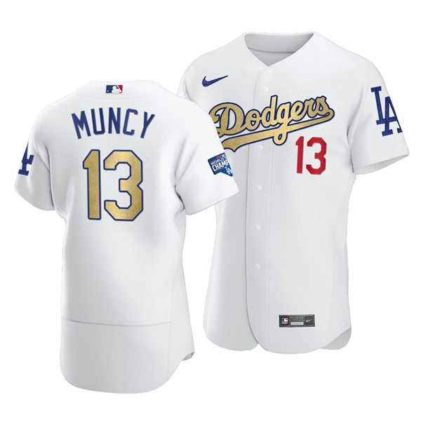 Men's Los Angeles Dodgers #13 Max Muncy White Gold 2021 World Series Champions Patch Sttiched MLB Jersey