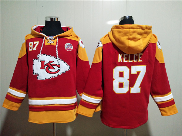 Men's Kansas City Chiefs #87 Travis Kelce Red Lace-Up Pullover Hoodie Men's Kansas City Chiefs #87 Travis Kelce Red Lace-Up Pullover Hoodie