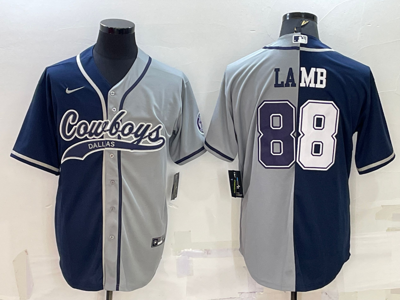 Men's Dallas Cowboys #88 CeeDee Lamb Navy/Grey Split With Patch Cool Base Stitched Baseball Jersey