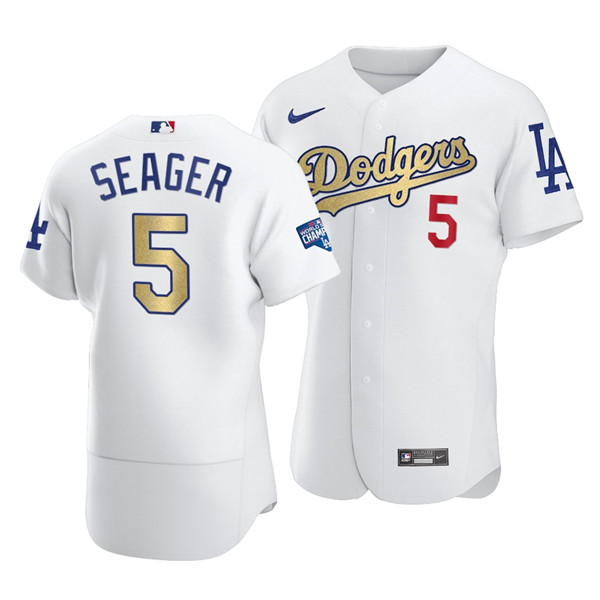 Men's Los Angeles Dodgers #5 Corey Seager White Gold 2021 World Series Champions Patch Sttiched MLB Jersey