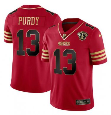 Men's San Francisco 49ers #13 Brock Purdy Red Gold With 75th Patch Stitched Football Jersey