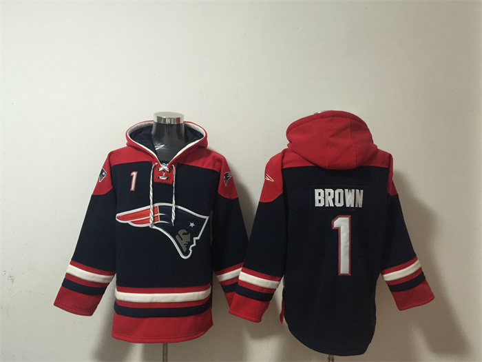 Men's New England Patriots #1 A.J. Brown Navy Ageless Must-Have Lace-Up Pullover Hoodie