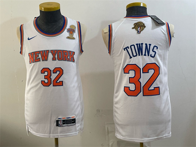 Men's New Yok Knicks #32 Karl-Anthony Towns White 2026 Finals Patch & Finals Champions Patch Stitched Jersey Men's New Yok Knicks #32 Karl-Anthony Towns White 2026 Finals Patch & Finals Champions Patch Stitched Jersey
