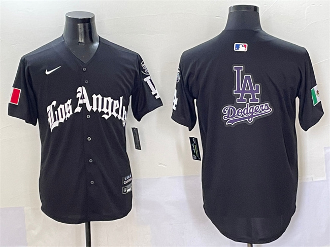 Men's Los Angeles Dodgers Team Big Logo Black Mexico 2025 LA Gothic Style With Fernando Patch Vapor Premier Limited Stitched Baseball Jersey 002 Men's Los Angeles Dodgers Team Big Logo Black Mexico 2025 LA Gothic Style With Fernando Patch Vapor Premier Limited Stitched Baseball Jersey 002