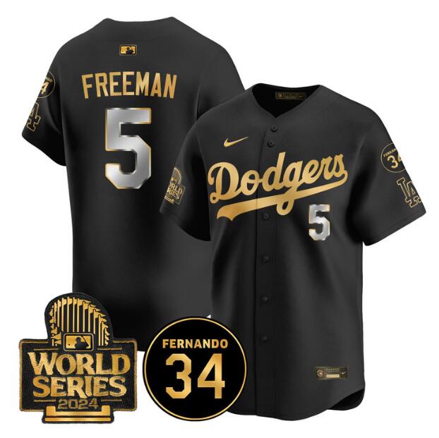 Men's Los Angeles Dodgers #5 Freddie Freeman Black/Gold 2024 World Series With Fernando Memorial Patch Limited Stitched Baseball Jersey