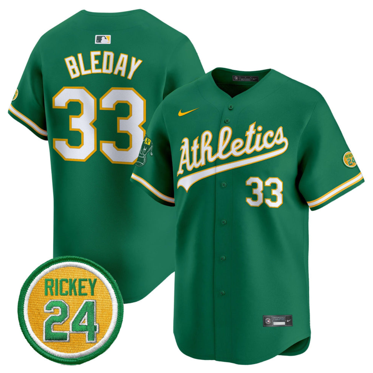 Men's Oakland Athletics #33 JJ Bleday Green 2024 Limited With Rickey Henderson Patch Stitched Jersey Men's Oakland Athletics #33 JJ Bleday Green 2024 Limited With Rickey Henderson Patch Stitched Jersey