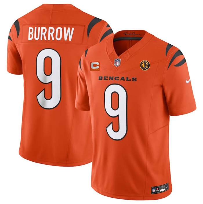 Men's Cincinnati Bengals #9 Joe Burrow Orange 2023 F.U.S.E. With 4-star C Ptach And John Madden Patch Vapor Limited Stitched Football Jersey