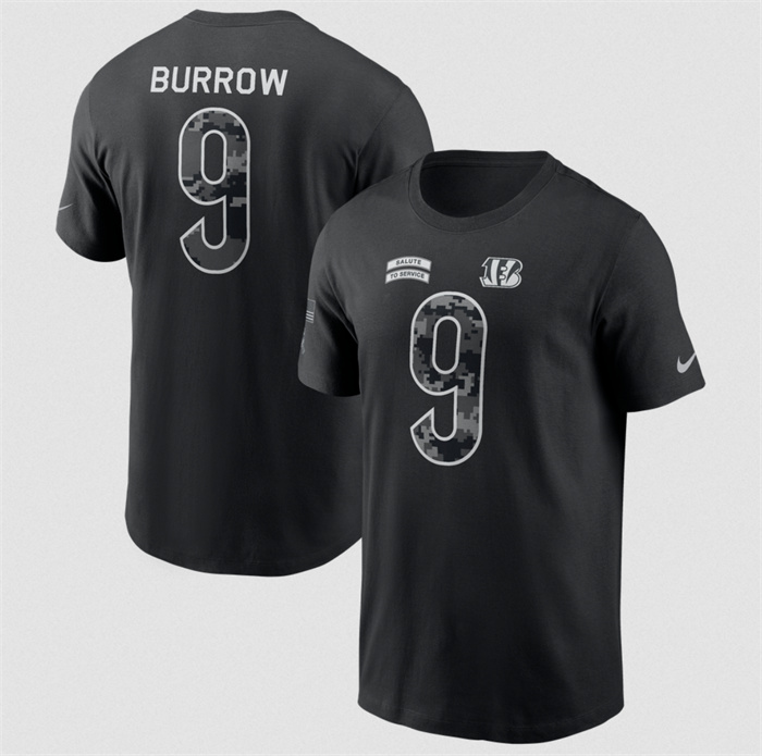 Men's Cincinnati Bengals #9 Joe Burrow Black 2026 Salute to Service Name & Number T-Shirt