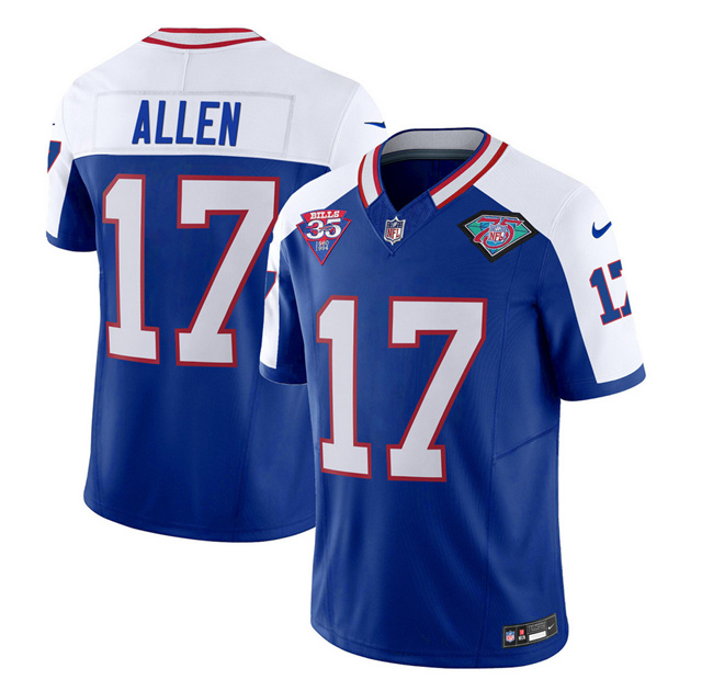 Men's Buffalo Bills #17 Josh Allen Blue/White 75th Anniversary 2023 F.U.S.E. Throwback Vapor Untouchable Limited Stitched Jersey