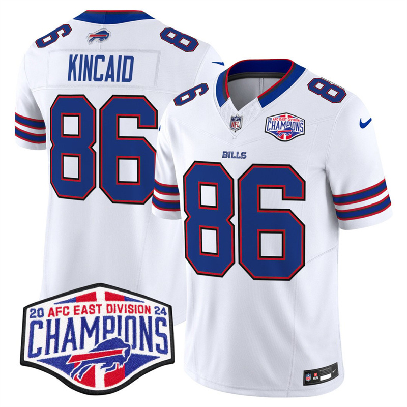 Men's Buffalo Bills #86 Dalton Kincaid White F.U.S.E. 2024 AFC East Division Champions Vapor Limited Stitched Football Jersey Men's Buffalo Bills #86 Dalton Kincaid White F.U.S.E. 2024 AFC East Division Champions Vapor Limited Stitched Football Jersey