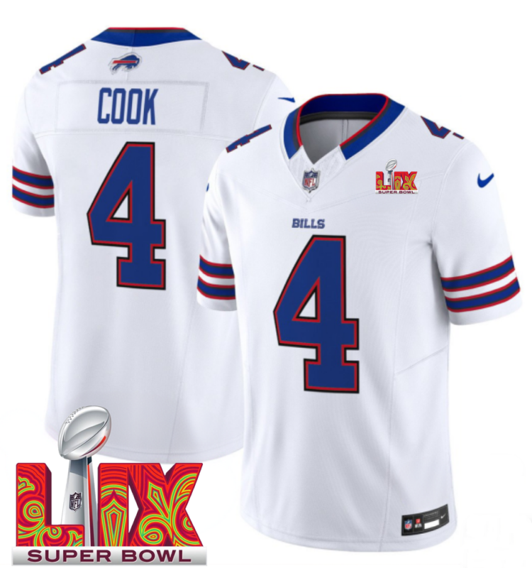 Men's Buffalo Bills #4 James Cook White F.U.S.E. 24/25 Super Bowl LIX Vapor Untouchable Limited Stitched Football Jersey