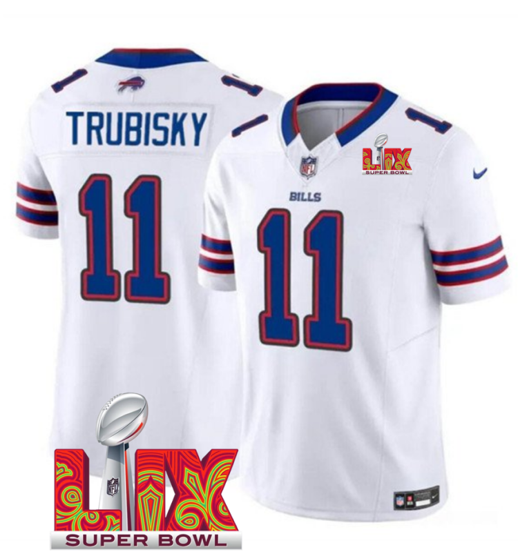 Men's Buffalo Bills #11 Mitch Trubisky White F.U.S.E. 24/25 Super Bowl LIX Vapor Untouchable Limited Stitched Football Jersey Men's Buffalo Bills #11 Mitch Trubisky White F.U.S.E. 24/25 Super Bowl LIX Vapor Untouchable Limited Stitched Football Jersey