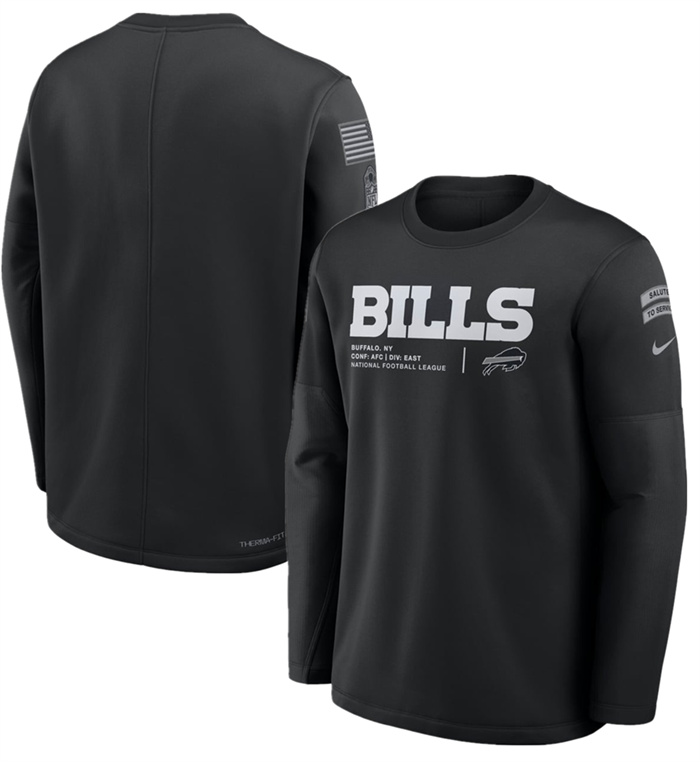 Men's Buffalo Bills Black 2026 Salute to Service Sideline Coaches Crewneck Therma-FIT Sweatshirt Men's Buffalo Bills Black 2026 Salute to Service Sideline Coaches Crewneck Therma-FIT Sweatshirt