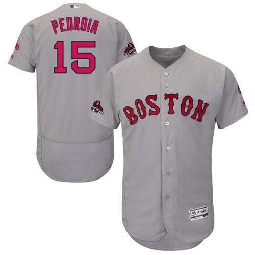 Red Sox #15 Dustin Pedroia Grey Flexbase Authentic Collection 2018 World Series Champions Stitched MLB Jersey