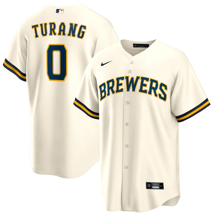 Men's Milwaukee Brewers #0 Brice Turang Cream Cool Base Stitched Jersey